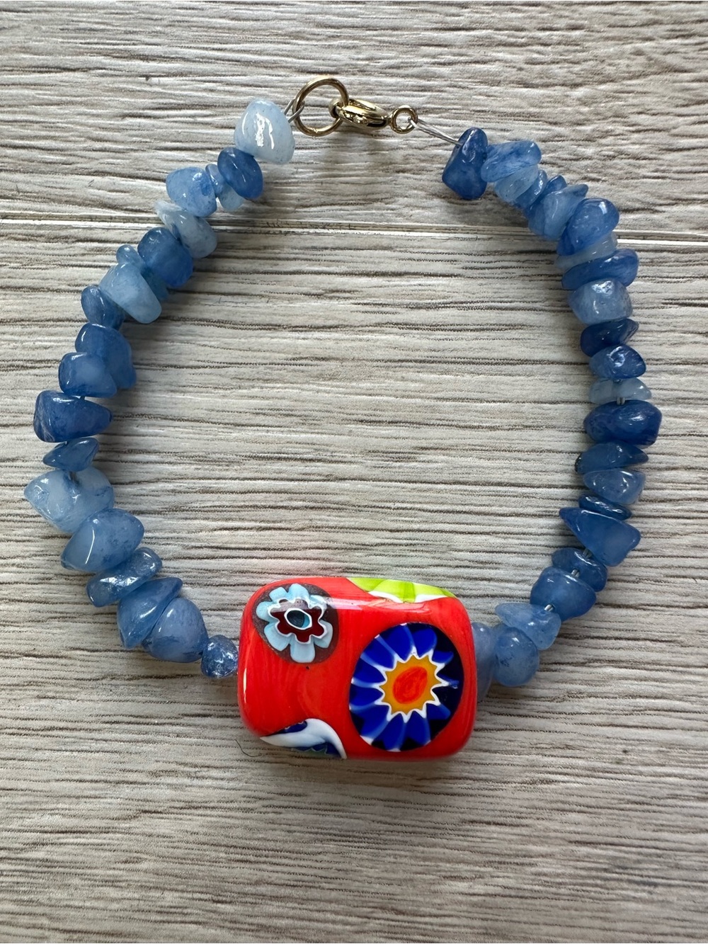 Murano Style Millefiori Glass & Blue Stone Chip Bracelet 7" Blue Red Yellow